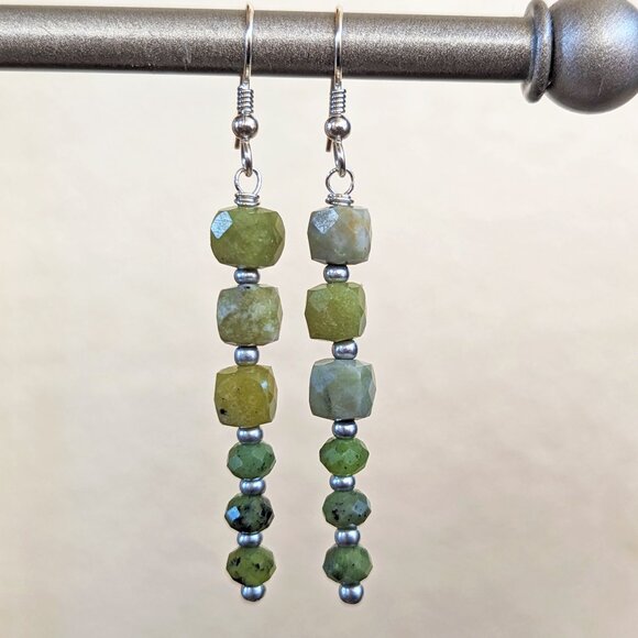 Sterling Silver Olive Green Jade Stacked Faceted Long Earrings